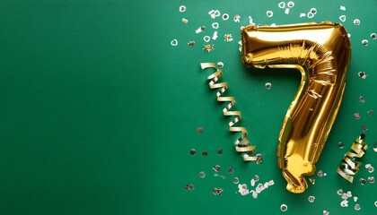 foil number 7 on a green background with confetti with space for text. birthday greeting concept, postcard.
