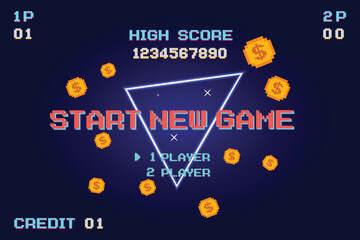 START NEW GAME play .pixel art .8 bit game. retro game. for game assets .Retro Futurism Sci-Fi Background. glowing neon grid. and stars from vintage arcade computer games
