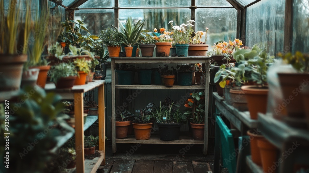 Canvas Prints A variety of plants in terracotta and black pots on wooden shelves in a greenhouse with a glass roof and a wooden frame.