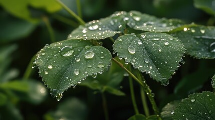 Dew Drops on Lush Leaves