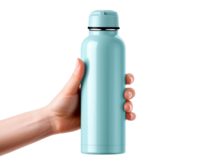 A stylish blue water bottle held in a hand, perfect for hydration on the go or a workout.