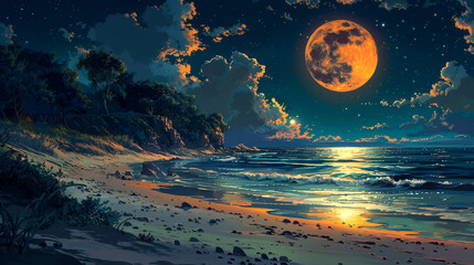 Naklejka premium A Coastal Landscape with a Large, Glowing Orange Moon and a Starry Night Sky