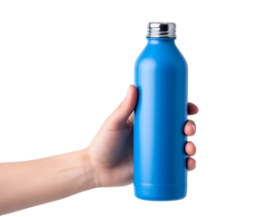 A stylish blue stainless steel water bottle held in hand, perfect for hydration and outdoor activities.