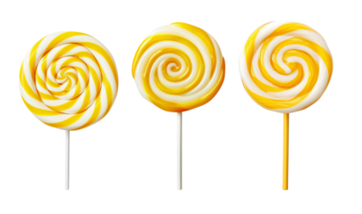 Colorful spiral lollipops with a bright yellow swirl, perfect for candy themes and sweet treats in various designs.