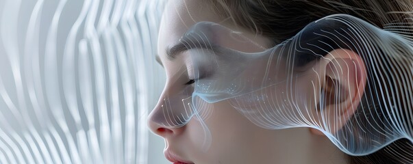 Woman's Face Covered by Abstract White Lines and Shapes