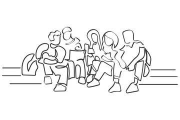 hand drawn line art vector of college students sitting together. Friends in college concept. Back to school concept