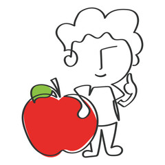 hand drawn line art vector of a kid with apple. Kids learning concept.