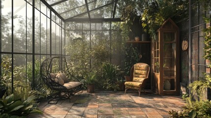 A sunlit greenhouse with lush greenery, wicker chairs, and a wooden cabinet.