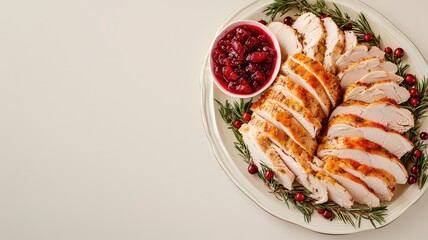 A festive platter of sliced turkey served with cranberry sauce and rosemary garnish, perfect for a holiday meal.