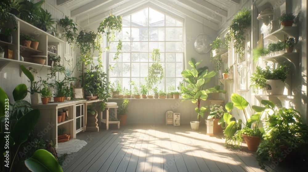 Sticker Sunlit Greenhouse Interior with Greenery and Rustic Wooden Floor.