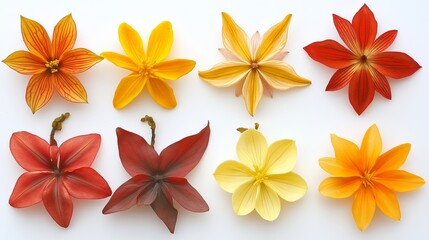 Obraz premium A row of flowers with different colors, including yellow and orange. The flowers are arranged in a line, with some overlapping each other. Concept of variety and diversity