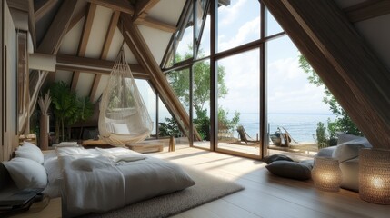 Obraz premium Modern bedroom with a large window overlooking the ocean, a hammock, and wooden beams on the ceiling.