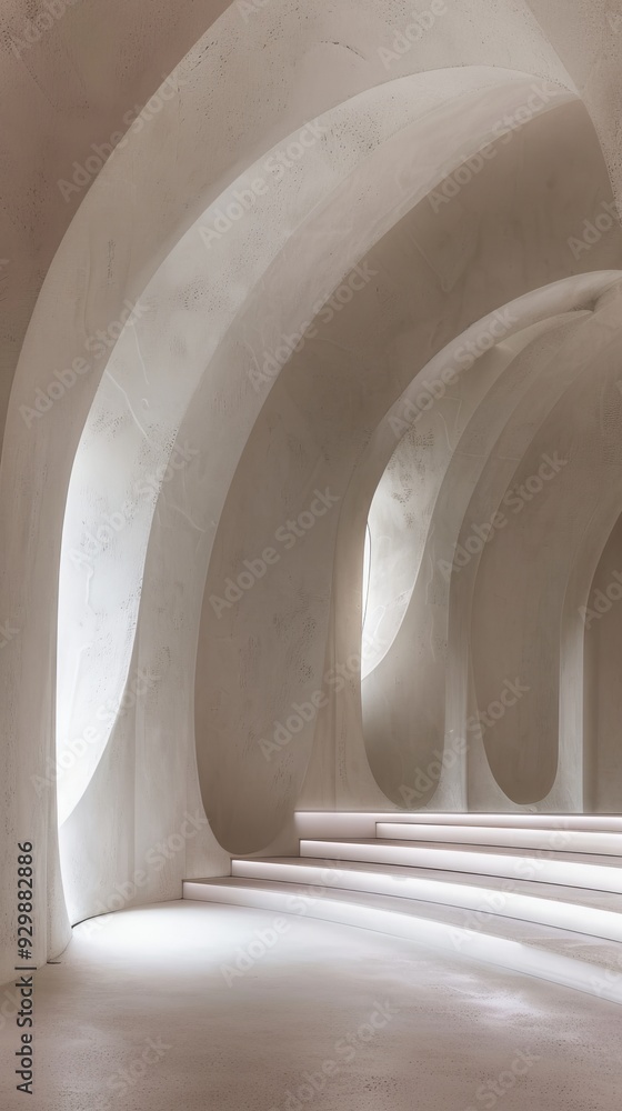 Poster a minimalist interior showcases smooth white concrete arches and soft lighting, creating a tranquil 