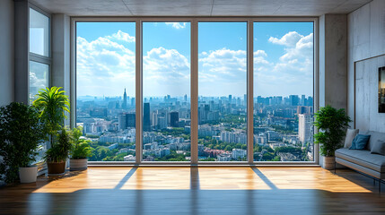 Obraz premium Modern interior with a panoramic city view through large windows.