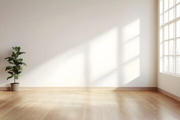 Obraz premium Empty minimalistic white blank room for design. Empty template for interior product. Empty white interior with white walls and wooden floor. 