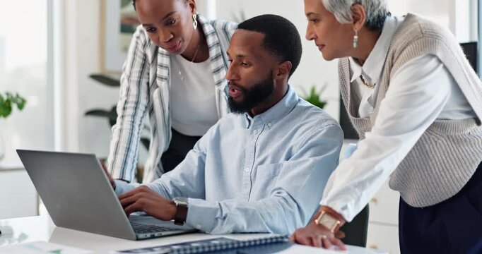 Laptop, meeting and business people in office for corporate b2b investment partnership. Computer, collaboration and financial analyst team in discussion with online data of revenue, profit or budget.