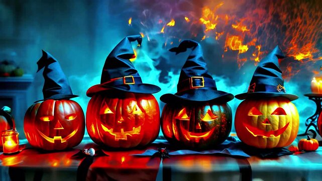 Four jack-o'-lanterns with witch hats glowing Halloween spooky pumpkins festive decorative scary Halloween decoration haunted house holiday celebration Halloween night horror
