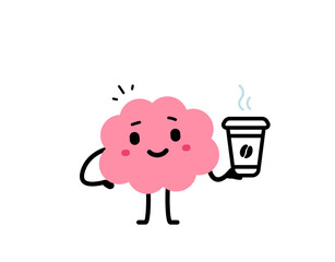 Vector cartoon illustration of cute happy brain hold coffee cup on white color background. Flat doodle style design of smile brain character and coffee break