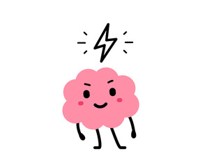 Vector cartoon illustration of cute happy brain and lightning symbol on white color background. Flat doodle style design of smile strong brain character