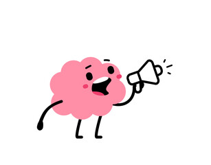 Vector cartoon illustration of cute happy brain communication with loudspeaker on white color background. Flat doodle style design of smile brain character announcement megaphone