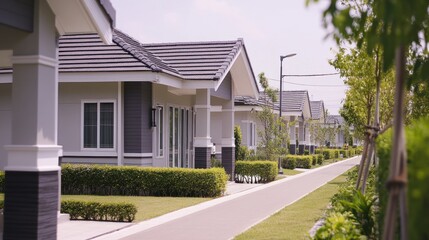 Row of modern houses with gray walls and tiled roofs, a paved path, green bushes, and trees.