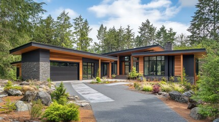 Fototapeta premium Modern home with wood and stone siding, a driveway, and landscaping with large rocks.