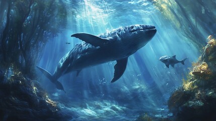Fototapeta premium Humpback Whale Swimming Through Underwater Grotto