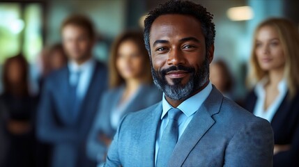 Obraz premium A man in a suit standing in front of a group of business people