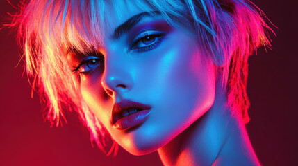Glamorous woman with short hair and colorful makeup in neon light, close-up, fashion