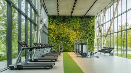 Modern gym interior with large windows, a green wall, and rows of treadmills.