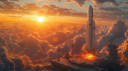A panoramic shot of a space rocket on a launch pad, with an expansive sky and the setting sun in the background. The scene should highlight the grandeur of the rocket and the dramatic sunset colors