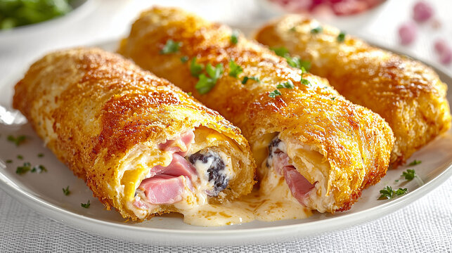 A beautifully presented Chicken Cordon Bleu on a transparent background, featuring a perfectly cooked, golden-brown crispy exterior. The dish is filled with layers of ham and melted cheese, with a sli