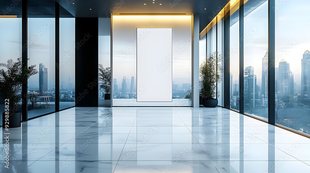 Poster Modern interior with large windows and blank canvas for display.