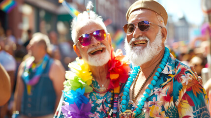Two gray-haired cheerful men in bright clothes and sunglasses are smiling at the gay pride parade. An elderly gay couple. The concept of love and care. Old friends are walking in the city