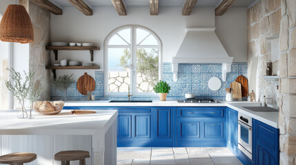 Greek kitchen with white and blue color scheme and stone countertops © Chatchanan