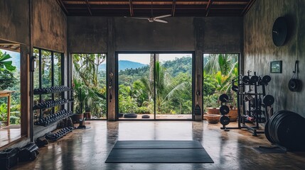 Minimalist gym with jungle view, a set of weights, a yoga mat, and a weightlifting machine.
