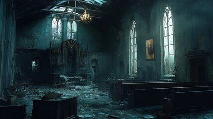 Abandoned Church Interior with Sunbeams