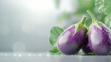 Fresh eggplants on a branch and a leaf