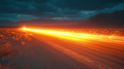 Fototapeta na wymiar A long exposure of a deserted desert road at night, with a car’s headlights creating a bright, illuminated path through the darkness. The scene contrasts the lit road with the surrounding desert, 