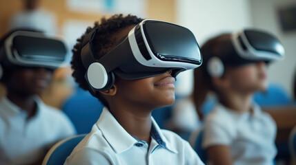 Group of Black kids in VR helmets in a classroom setting, exploring educational VR content, high resolution, detailed scene