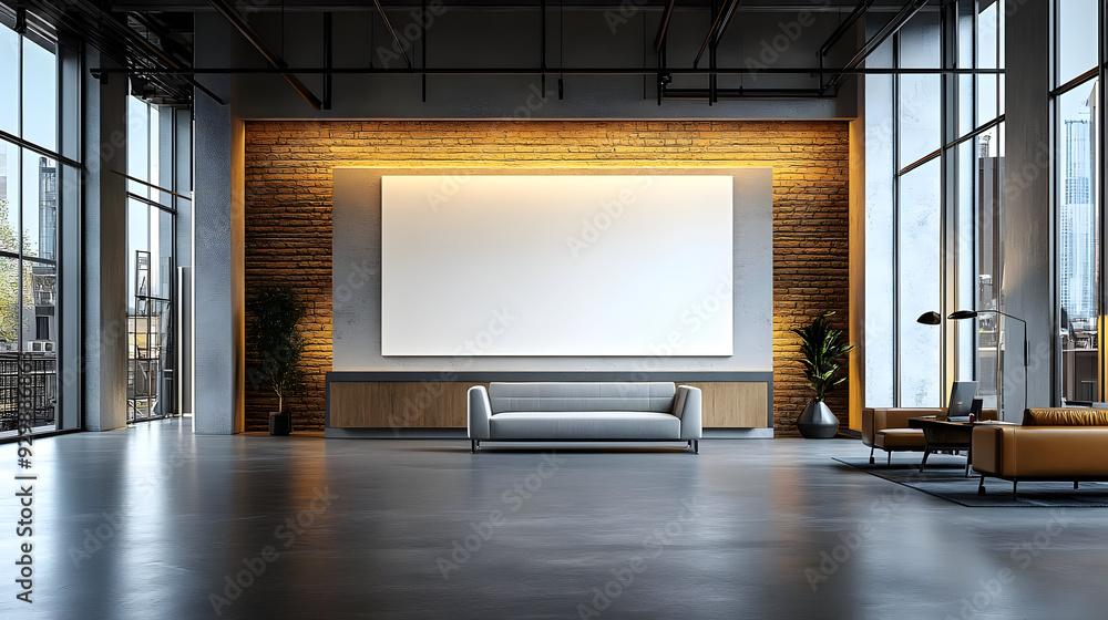 Poster modern interior with minimalist design and large display area.