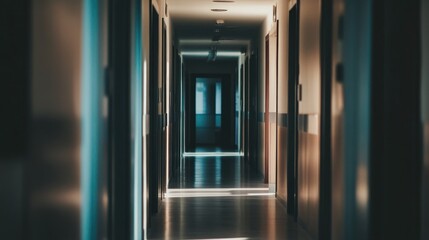 Naklejka premium Sunlight streams through a long hallway, casting shadows and creating a dramatic and moody atmosphere.