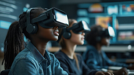 Group of Black students wearing advanced VR helmets in a modern classroom, immersed in interactive learning, futuristic setting, 8k resolution