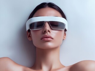 Fototapeta premium A woman wearing a pair of white virtual reality glasses