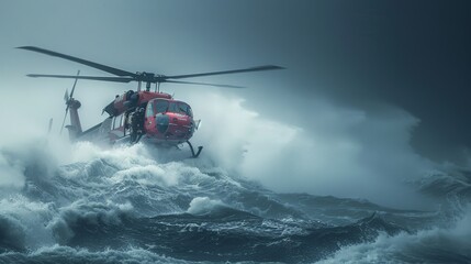 Coast guard helicopter rescuing crew from a sinking ship in stormy waters