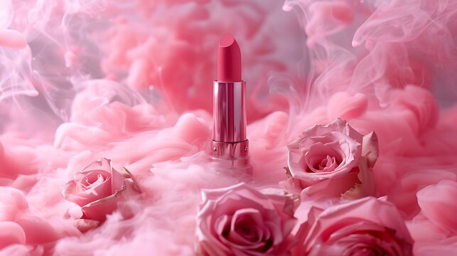 Close up of a lipstick on a pink background with smoke on top a piece of art including ocean waves and roses