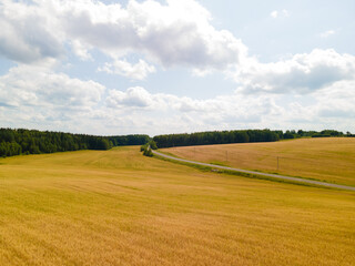 Drone view of the highway road, forest and fields, top view and blue sky