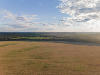 Panorama view from above of a summer landscape. Agriculture, green fields