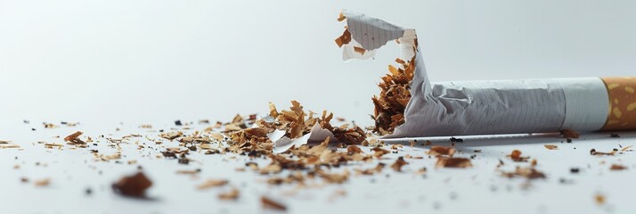 A broken cigarette lies on a white surface, representing the decision to quit smoking and the commitment to a healthier future. Generative AI