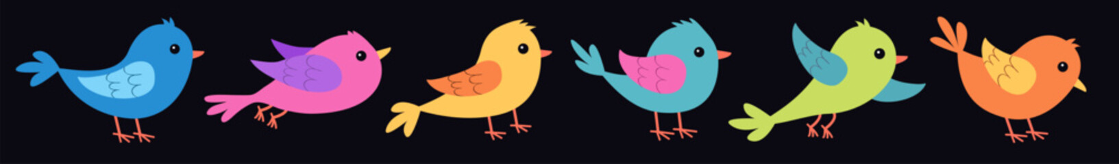 Bird icon set line. Kawaii cute cartoon funny baby character. Different birds collection. Decoration element. Colorful sticker print. Childish style. Flat design. Black background. Isolated. Vector